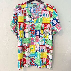 Butter Soft By Uniform Advantage-Women’s Scrub Top-Snowman Patchwork-Size 2X-EUC